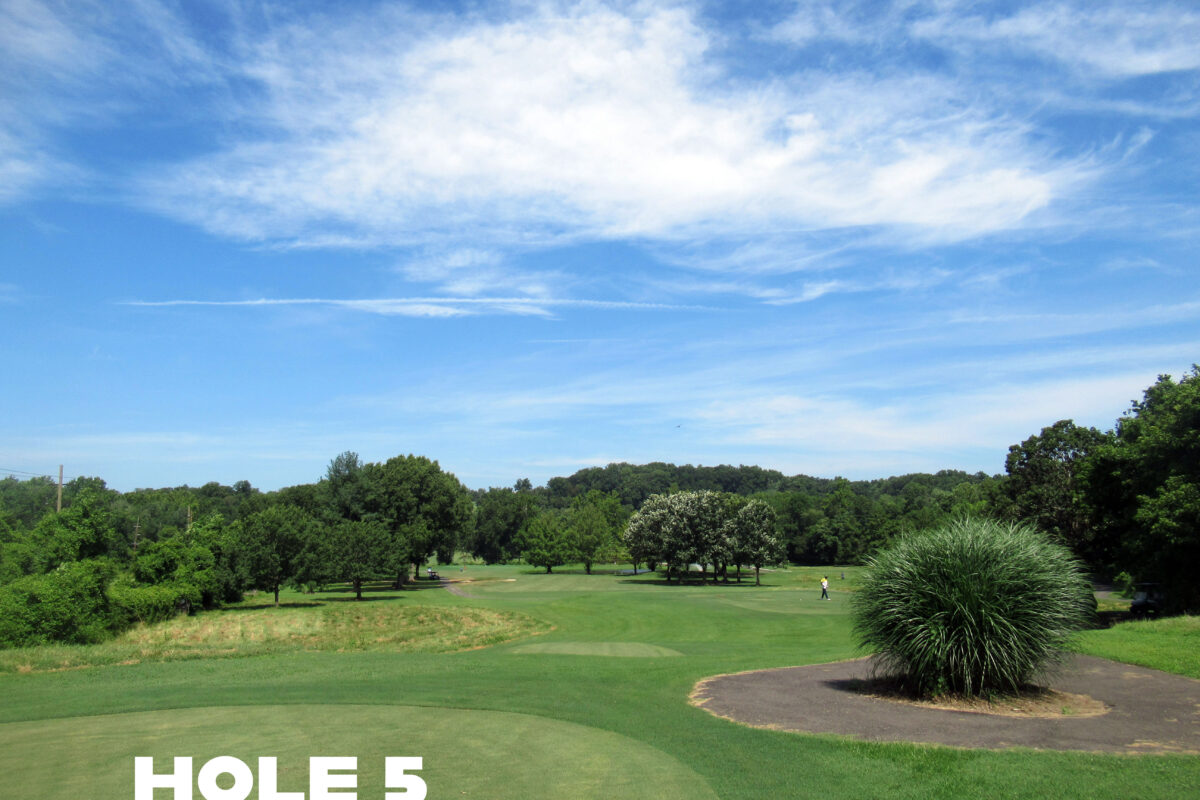 A grassy golf course with a circular leveled green in the foreground and several areas of longer rough grass and trees farther away. On the right, a paved path encircles a shrubbery. The words HOLE 5 are superimposed on the photo.