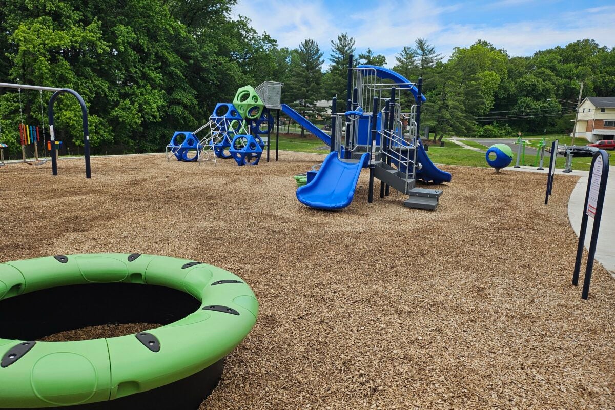 A blue and green outdoor playground with multiple play structures, featuring slides, platforms, stairs, climbing elements, spinning elements, swings, and more.