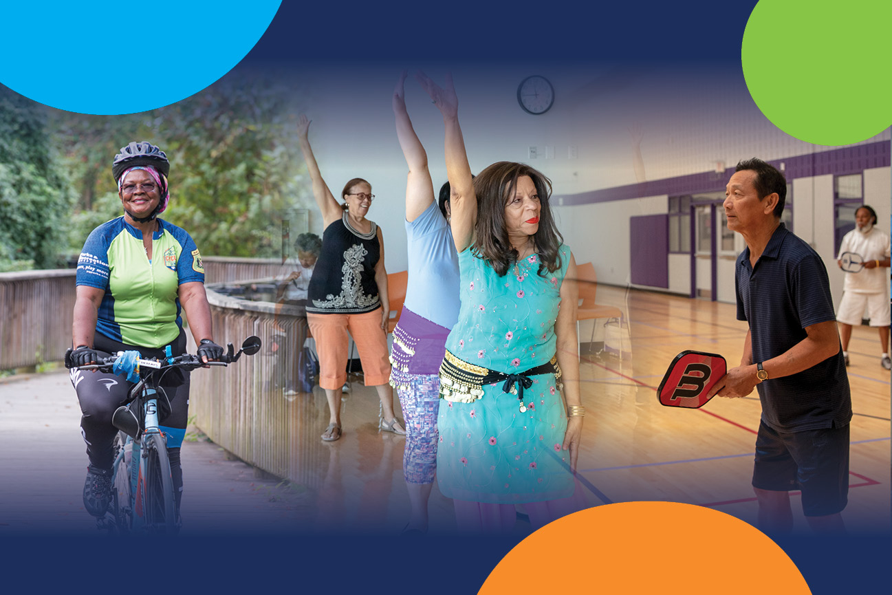 A multi-image composition depicting different people different active activities, like riding a bike, playing pickleball, and dancing