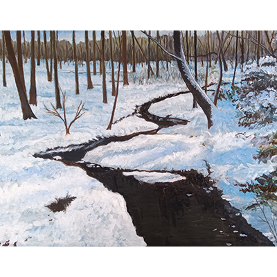 A painting of a creek running through a snow covered forest, with leafless trees reaching up to the top of the painting.