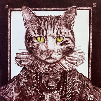 A hand drawn portrait of a cat dressed up against a square background.