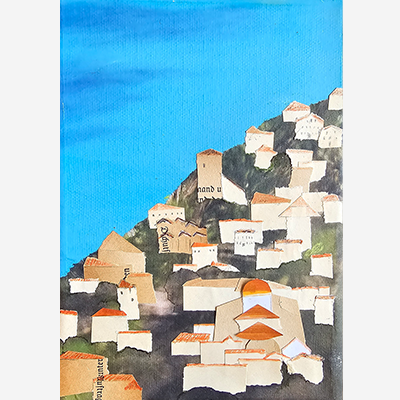 A painting of a mountainside city with white walls and orange roofs.