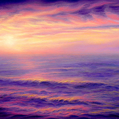 A painting of a sunset against a purple reflective ocean and bright orange clouds