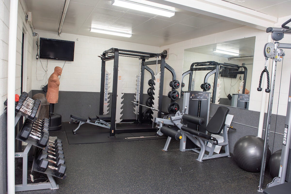 A fitness room with gray and white walls and multiple pieces of exercise equipment, including weight machines, a boxing dummy, free weights, and a leg lift machine.