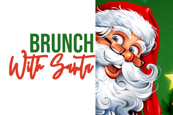 Picture of Santa claus smiling with the words "Brunch with Santa"