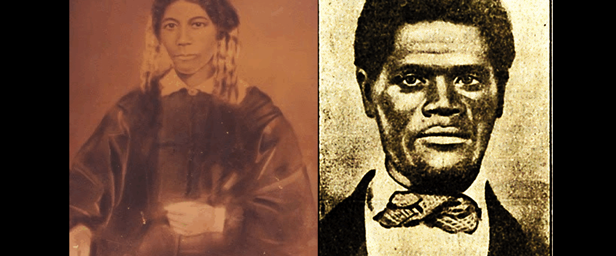 Side-by-side historical, sepia-toned portraits of a seated woman and a man in a bowtie.