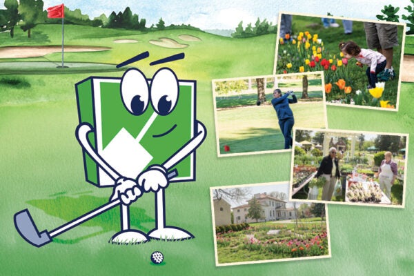 Banner graphic with a green and white cartoon mascot playing golf and four inset images of spring flowers and people enjoying outdoor events.