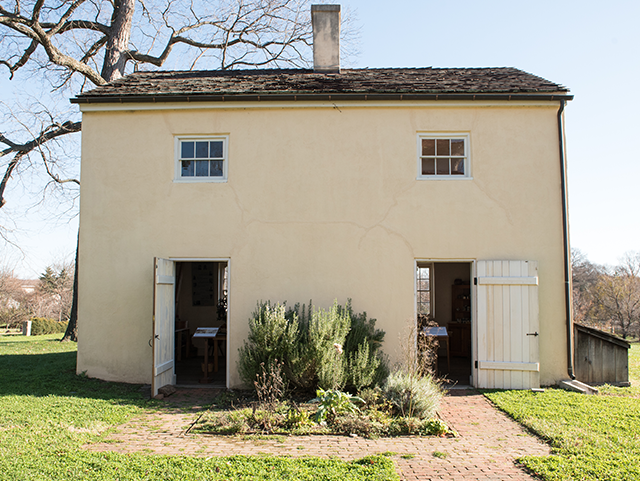 A building with a door on the left and right. In-between there is shrubbery, surrounded by a path that links the two doors. There are also two small windows above each of the doors. It has a central chimney coming out of the roof. It is surround by a field of grass, and has a large tree looming behind it.