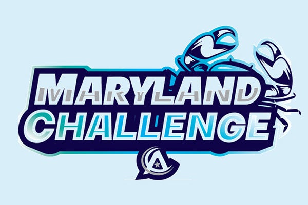Maryland Challenge logo. The logo is bold white and blue font over a light blue background. A abstract monotone crab is peeking out behind the top right of the text.