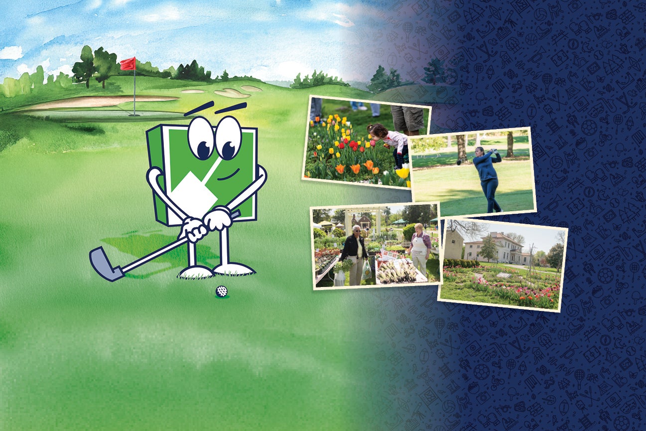 Banner graphic with a green and white cartoon mascot playing golf and four inset images of spring flowers and people enjoying outdoor events.