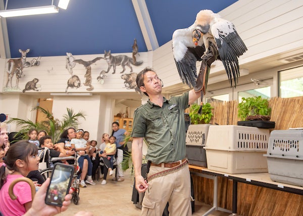 Man standing with a large bird perched on his arm in front of a classroom filled with children