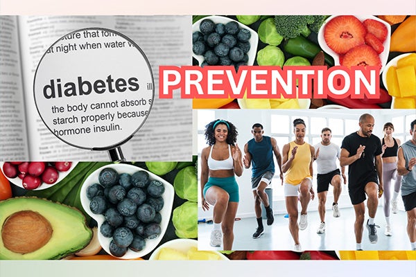 Composite image showing fresh produce, the word diabetes in a book, and an aerobics class.
