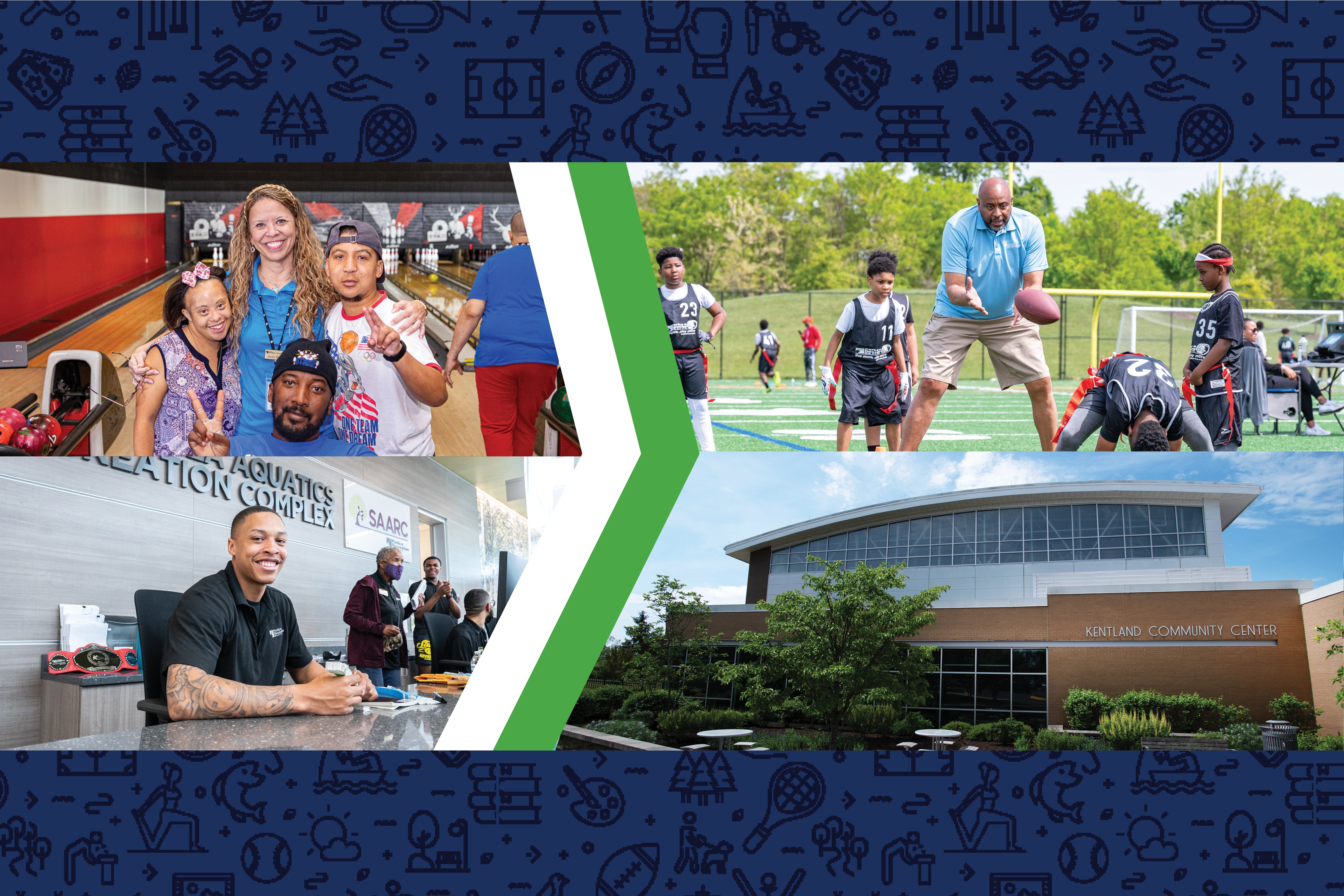 A composite composition of people working various jobs, such as a sports coach, and a receptionist. There is also an image of Kentland Community Center.