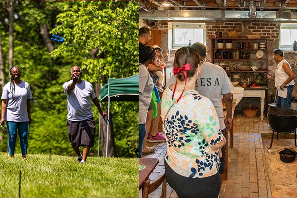Composite image showing adults playing horseshoes and visitors listening to a guide speak in a historic kitchen.