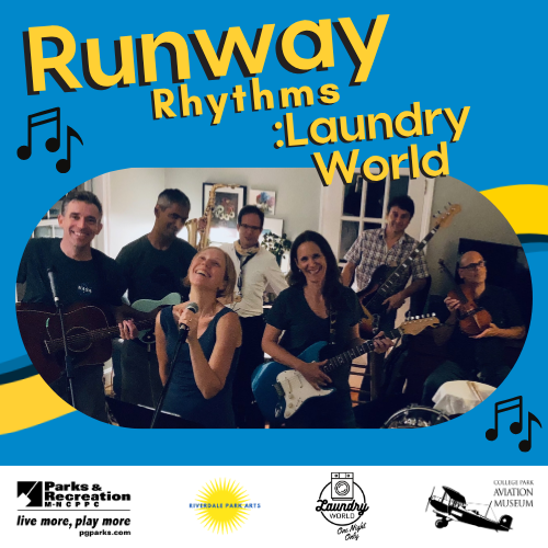 Seven musicians indoors with guitars and microphone, grouped around singer, top text reads Runway Rhythms Laundry World, logos along bottom.