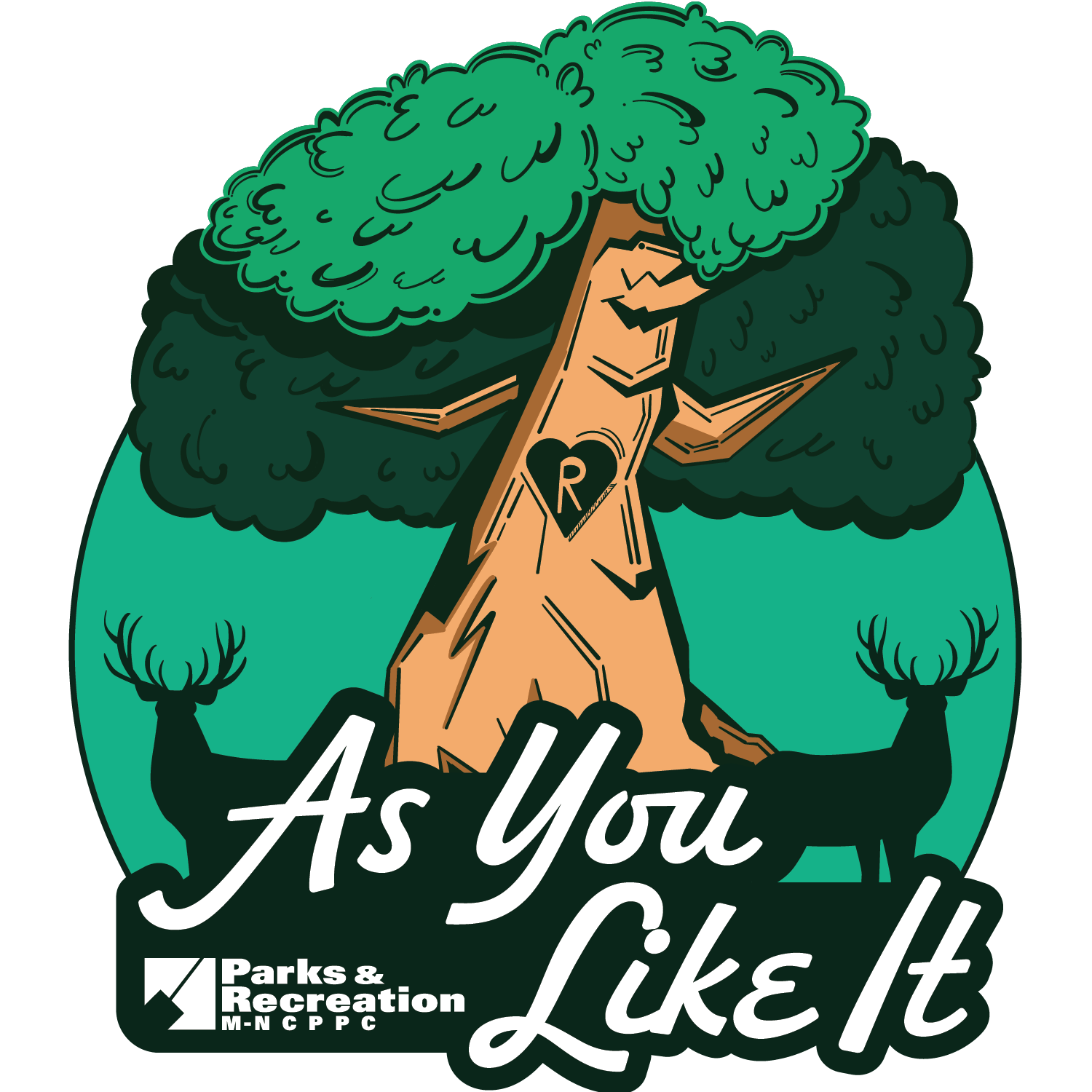 Logo featuring a carved-heart tree, two deer silhouettes, and the text “As You Like It” by Parks & Recreation MNCPPC.