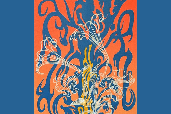 Abstract artwork featuring lilies in white linework overlaid on a blue and orange biomorphic design.