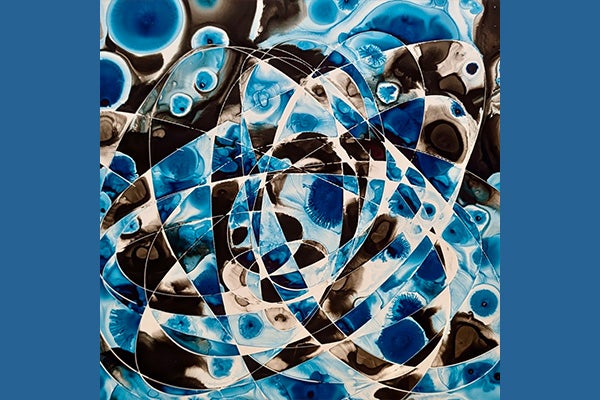 Abstract artwork in shades of blue, white, and black.