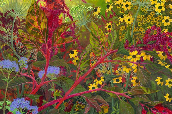 Detailed painting of colorful wildflowers and plant life.