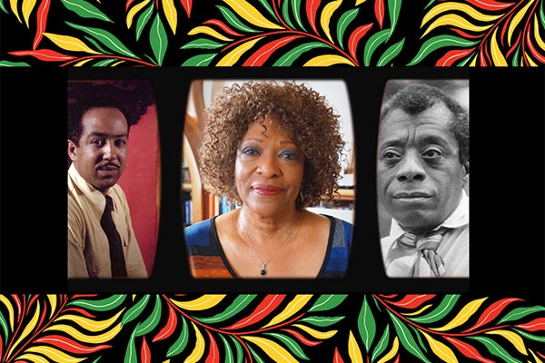 Collage featuring photographs of Black literary greats Langston Hughes, Rita Dove, and James Baldwin, on a red, green, gold, and black-patterned background.