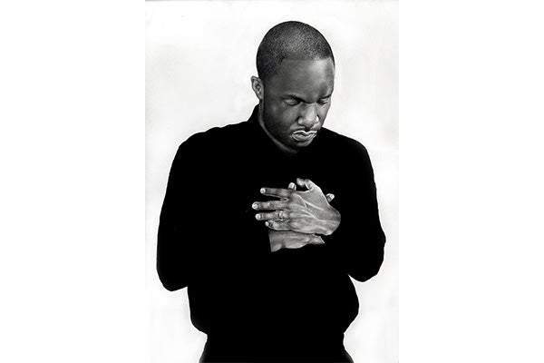 Black-and-white, realistic drawing or painting of a man with his hands clasped over his heart.
