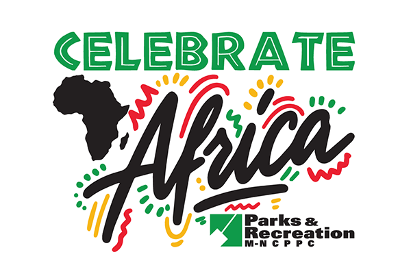 Graphic that says "Celebrate Africa." The word Africa is outlined with red, green, and gold squiggles and dots.