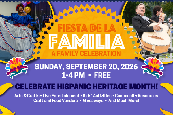 Indigo and gold graphic with the words, "Fiesta de la Familia: A Family Celebration" and images of dancers and mariachi musicians.
