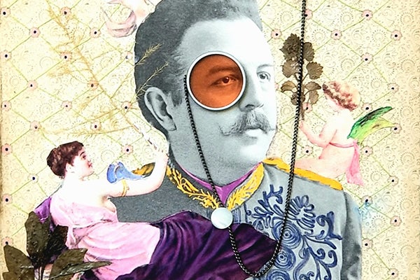 Detail of a mixed-media collage with a man in a military-style jacket, dried plants, a monocle on a chain, and cut-out images of women.