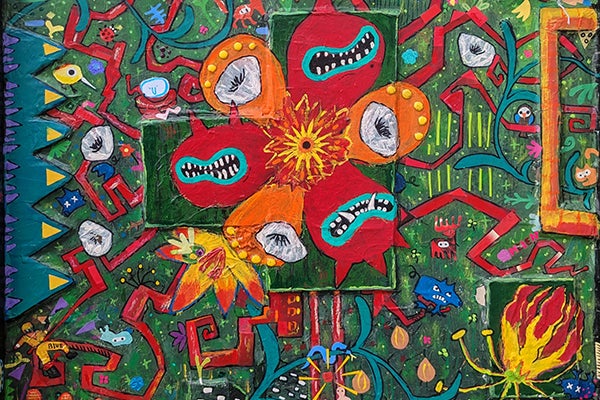 A colorful, mixed-media artwork with a green background and all kinds of cartoonish plants and creatures painted in red and gold.