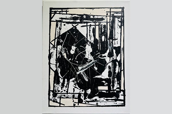Abstract artwork in black, white, and shades of ivory.