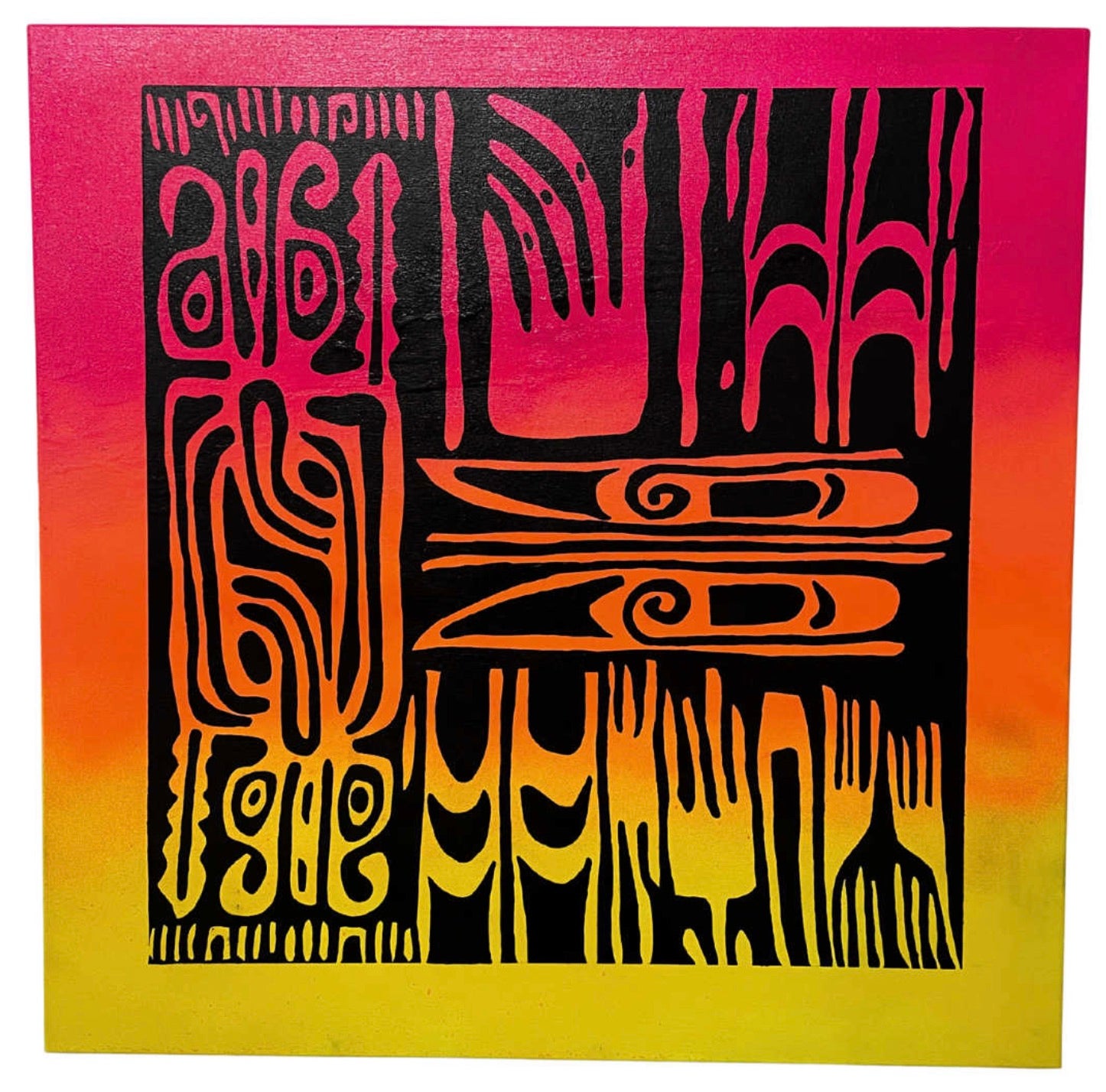 Abstract painting with black organic shapes and symbols over a pink, orange, and yellow gradient background.