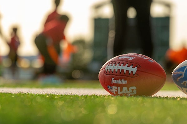 A football sits in the grass.