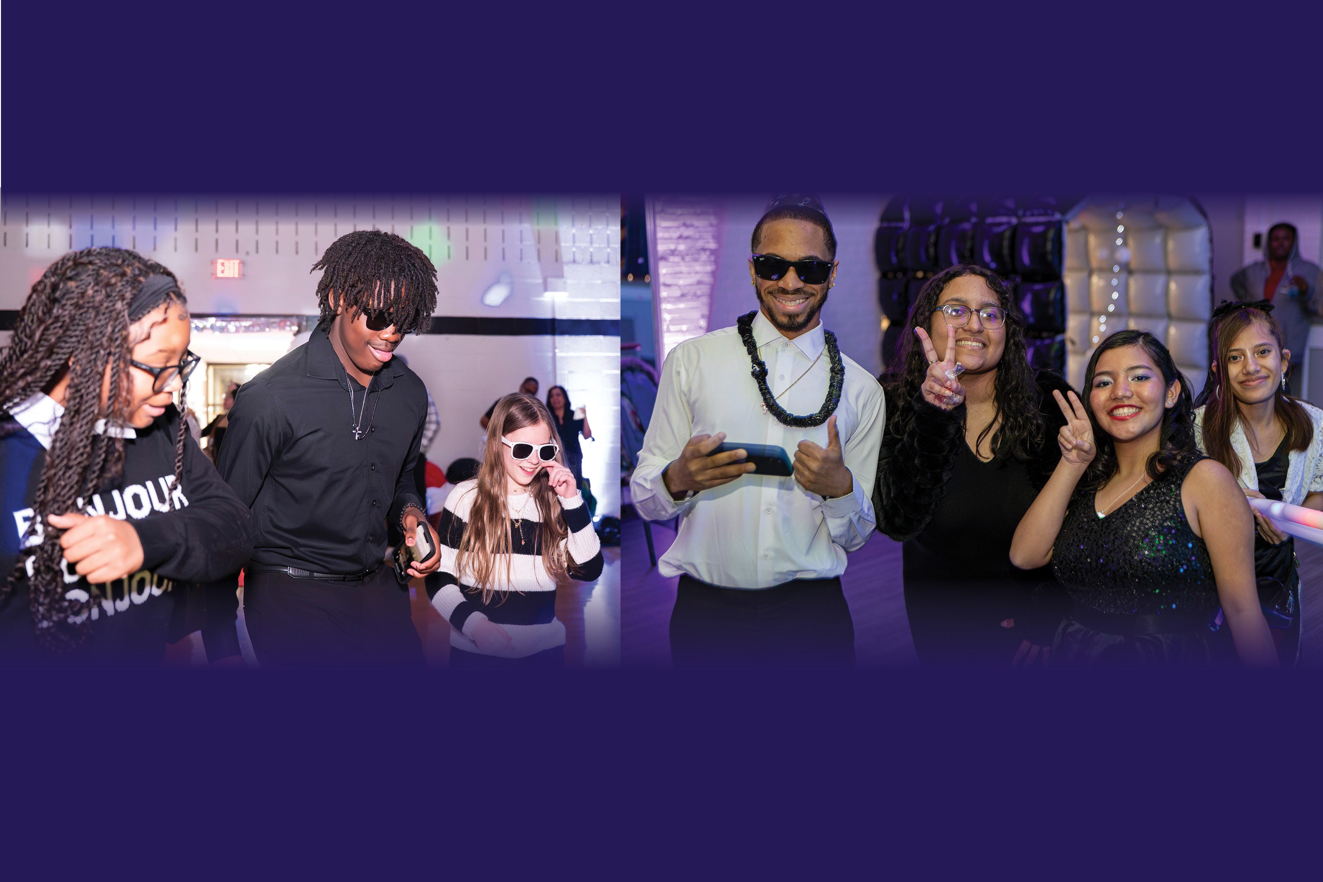 Teens dressed in black and white pose for photos at a dimly lit purple themed party.