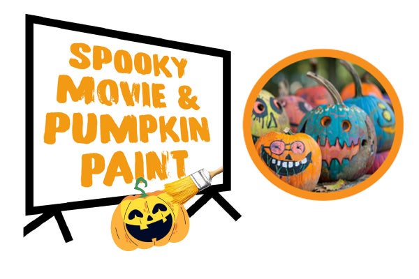 A cartoon movie screen with text reading "Spooky Movie & Pumpkin Paint" next to an image of colorfully painted pumpkins.